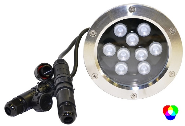 Подводный светодиодный прожектор (LED) 9 диодов, 25°, 12V.DC, RGB